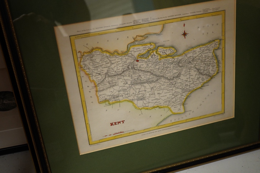 Five 19th century and later maps to include Kent and Northumberland and an 18th century bookplate, Handel, published 1794